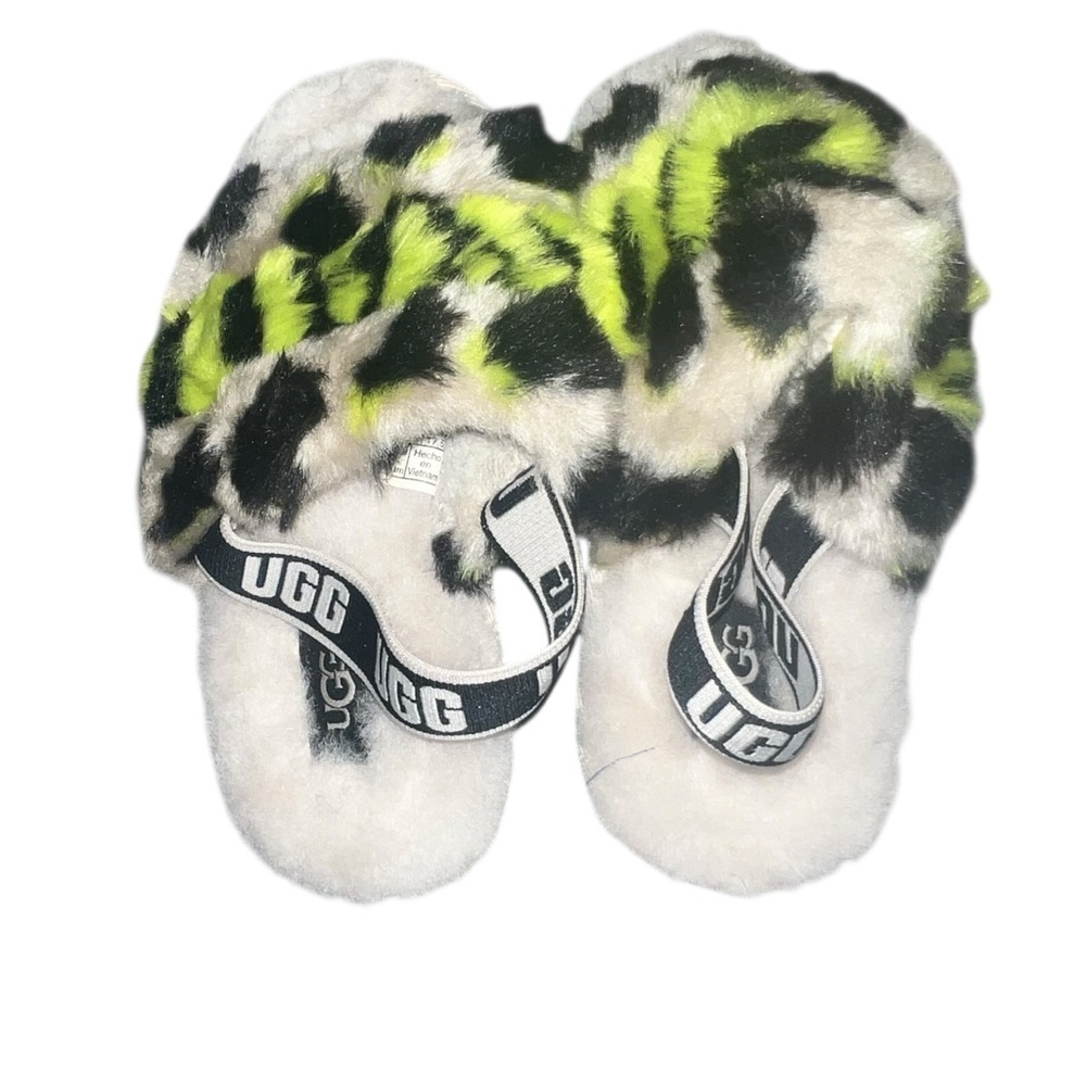 UGG Fluff Yeah Animalia Girls Sz 11 Sandal Slippers Key Lime/Black Leopard